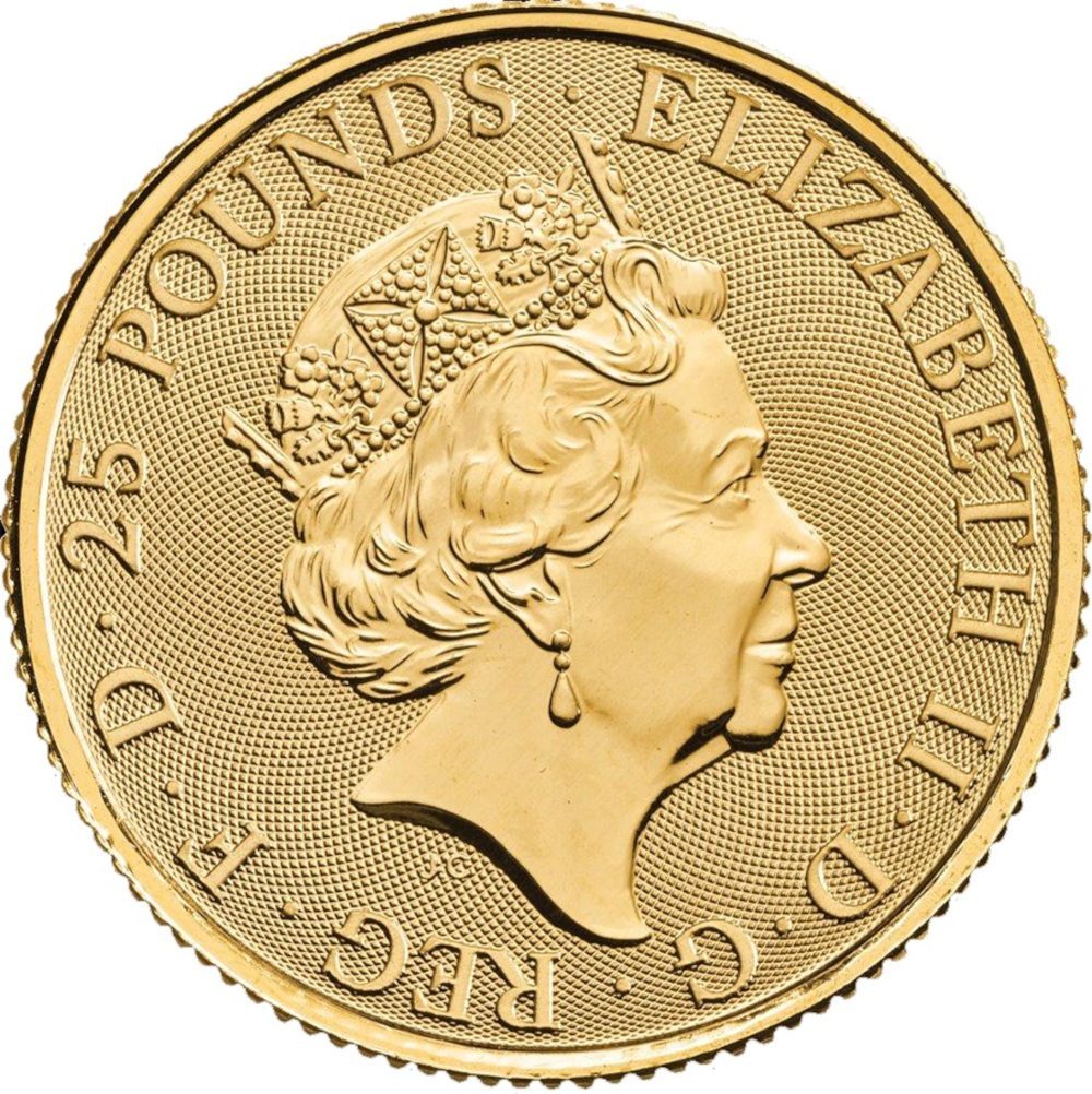 25 Pounds - Elizabeth II Black Bull of Clarence; 1/4 oz Fine Gold obverse