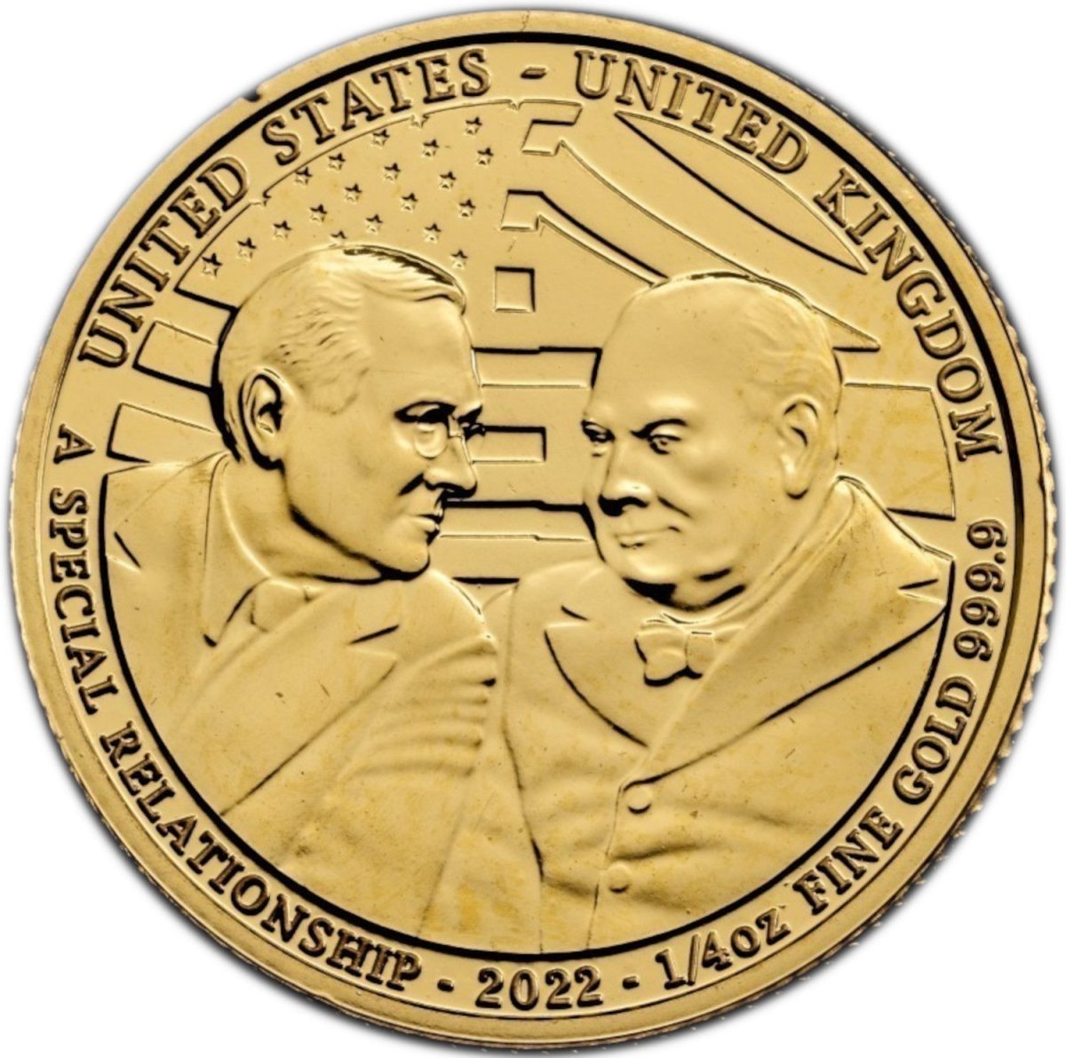 25 Pounds - Elizabeth II Churchill and Roosevelt; 1/4 oz Fine Gold