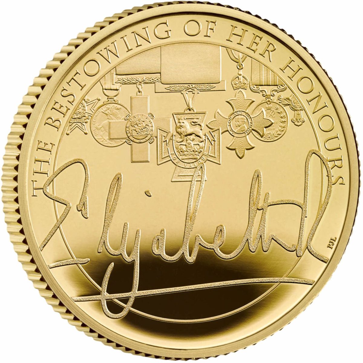 25 Pounds - Elizabeth II The Queen's Reign, Bestowing Her Honours; Gold Proof reverse