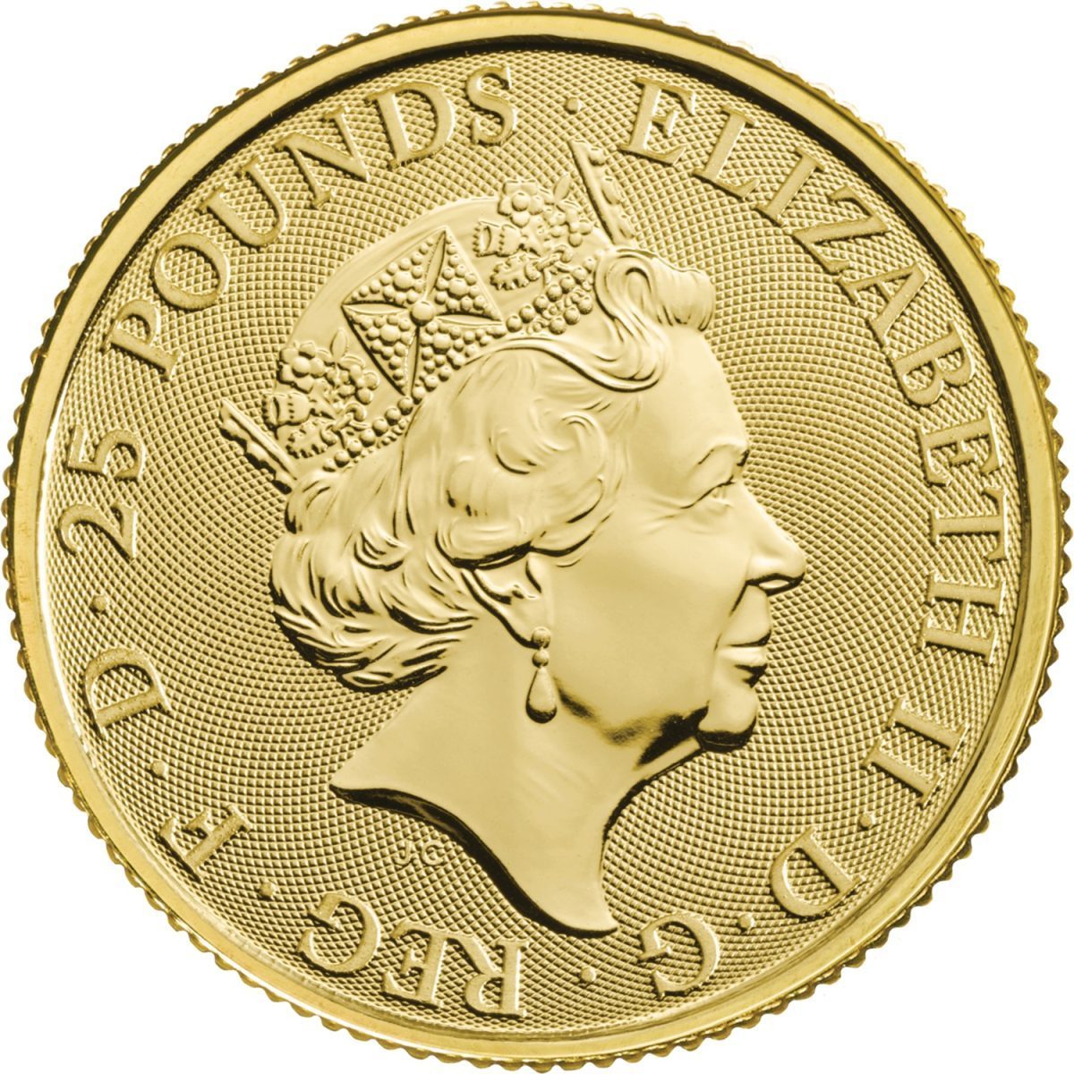 25 Pounds - Elizabeth II White Lion of Mortimer; 1/4 oz Fine Gold obverse
