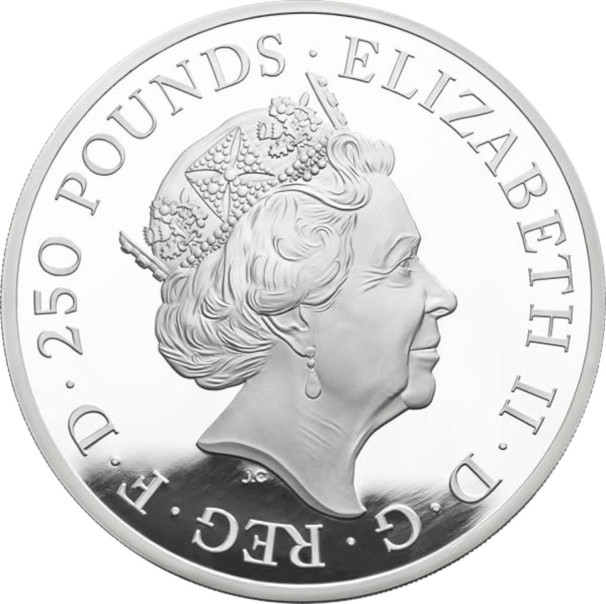 250 Pounds - Elizabeth II 5th portrait; 20 oz Fine Silver obverse