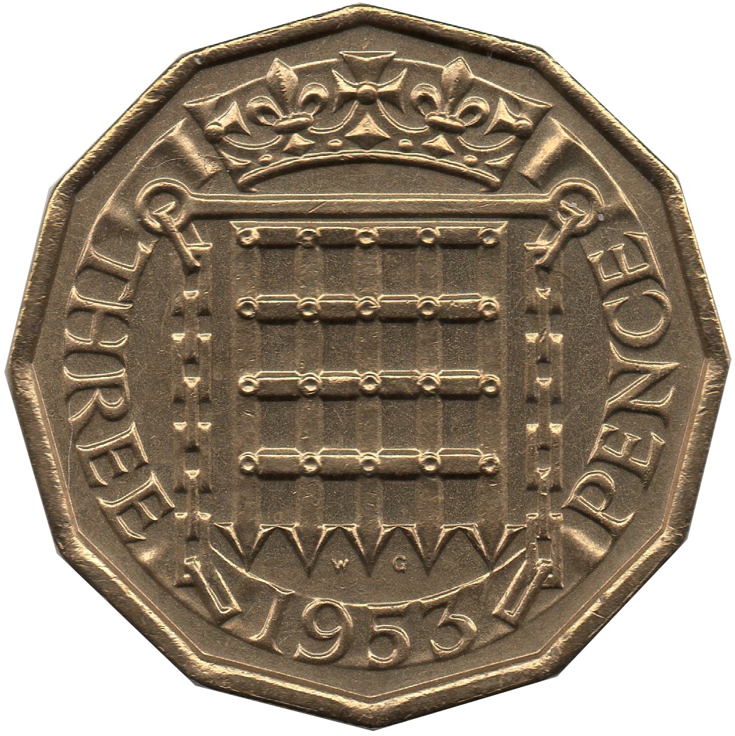 3 Pence - Elizabeth II 1st portrait; with 'BRITT:OMN' reverse