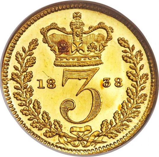 3 Pence - Victoria 1st portrait; Maundy, Gold proof reverse
