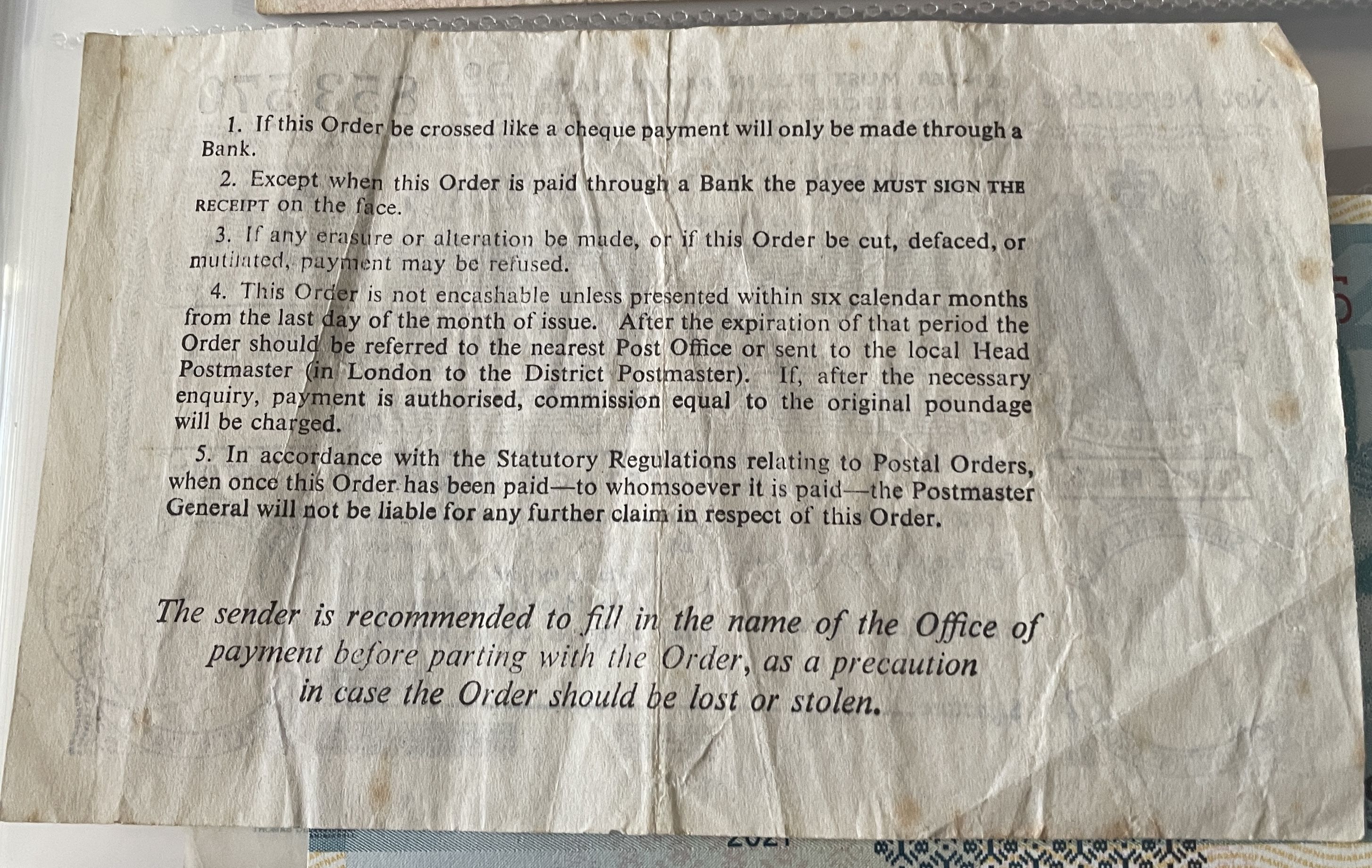 3 Shillings Postal Order reverse