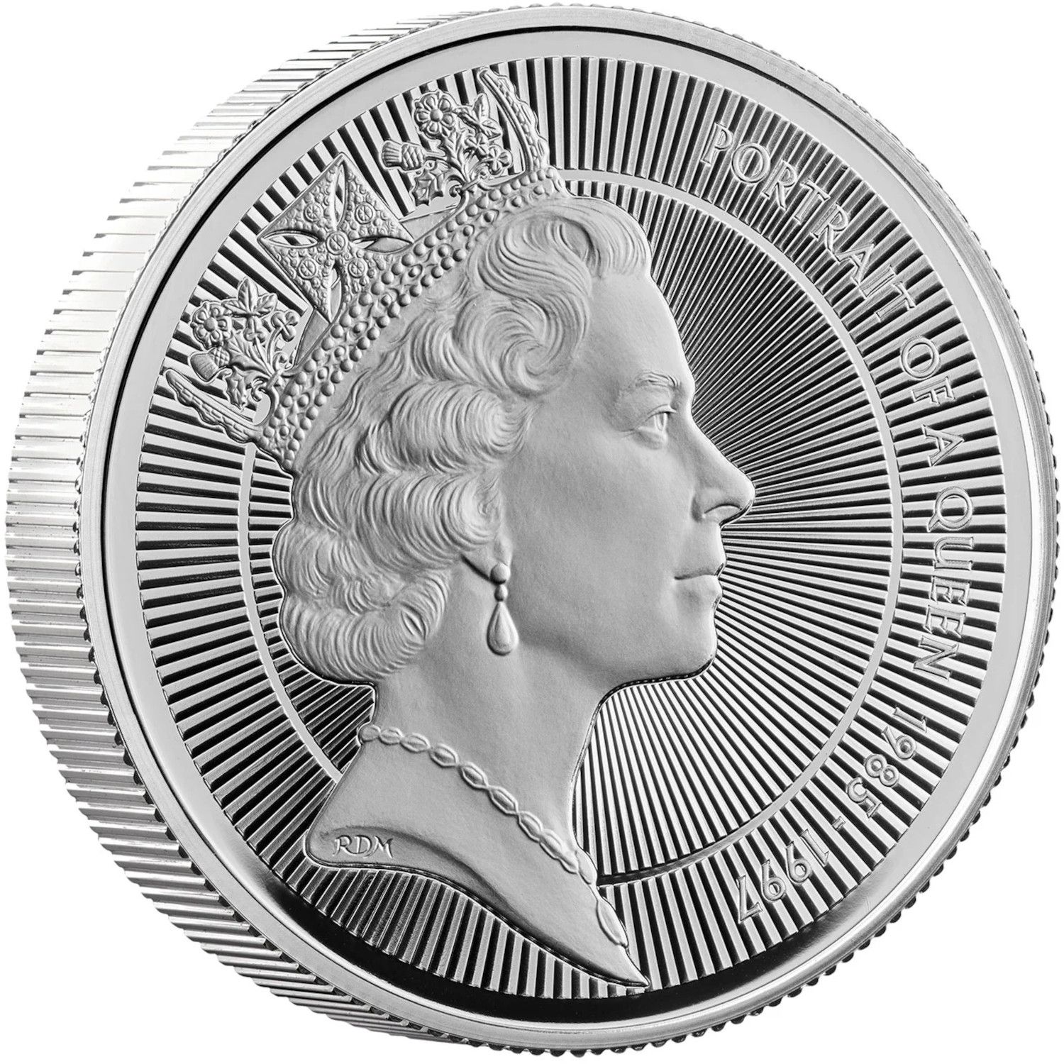 5 Pounds - Charles III Queen Elizabeth II: The Raphael Maklouf Portrait; Silver Piedfort reverse