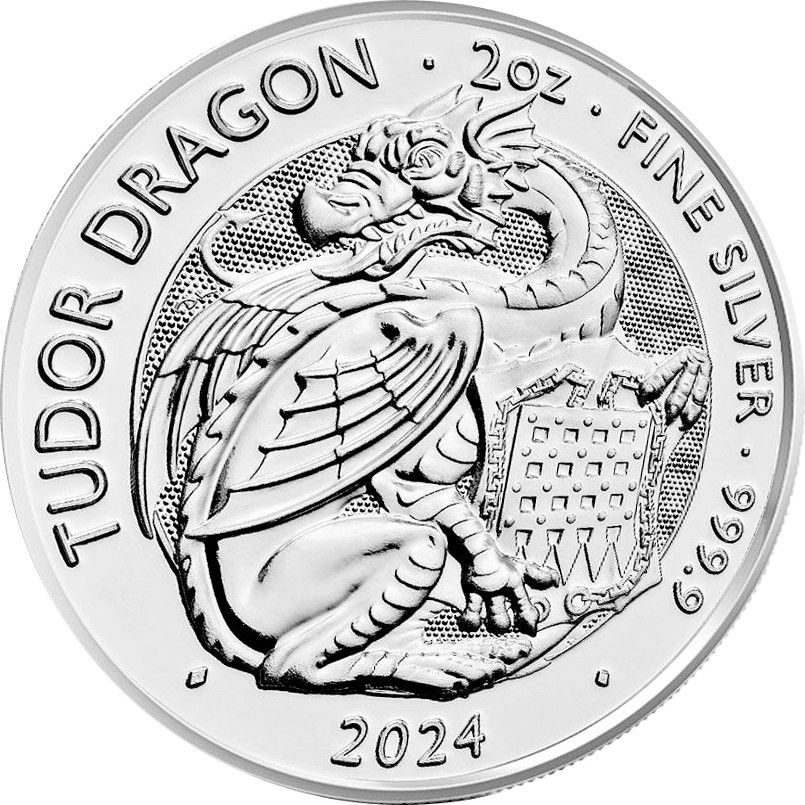 5 Pounds - Charles III Tudor Dragon; 2oz Fine Silver reverse