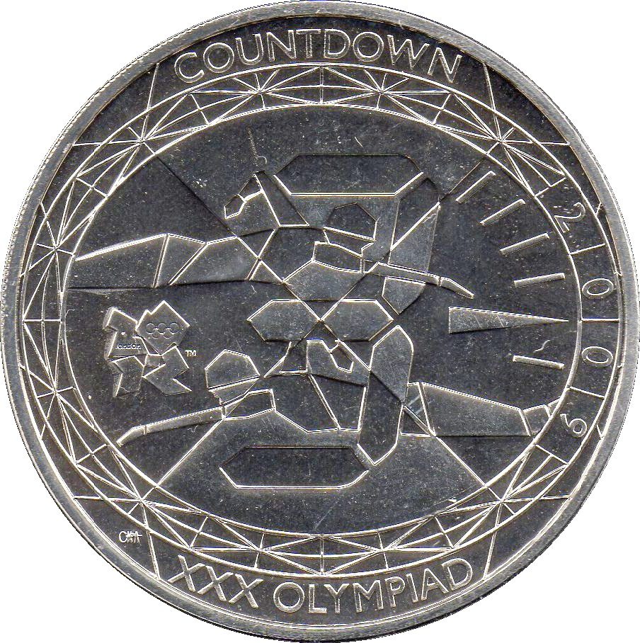5 Pounds - Elizabeth II 4th portrait; XXX Olympiad, Countdown 3 reverse