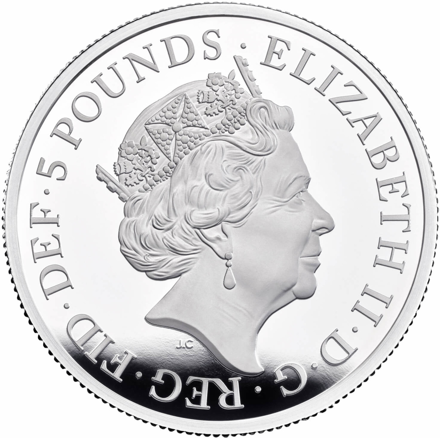 5 Pounds - Elizabeth II 5th portrait; 2 oz Fine Silver obverse