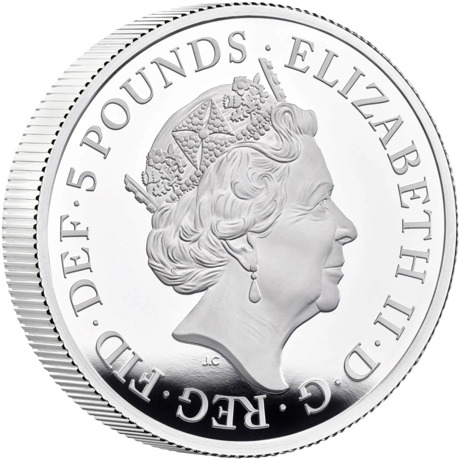 5 Pounds - Elizabeth II 5th portrait; 2 oz Fine Silver obverse