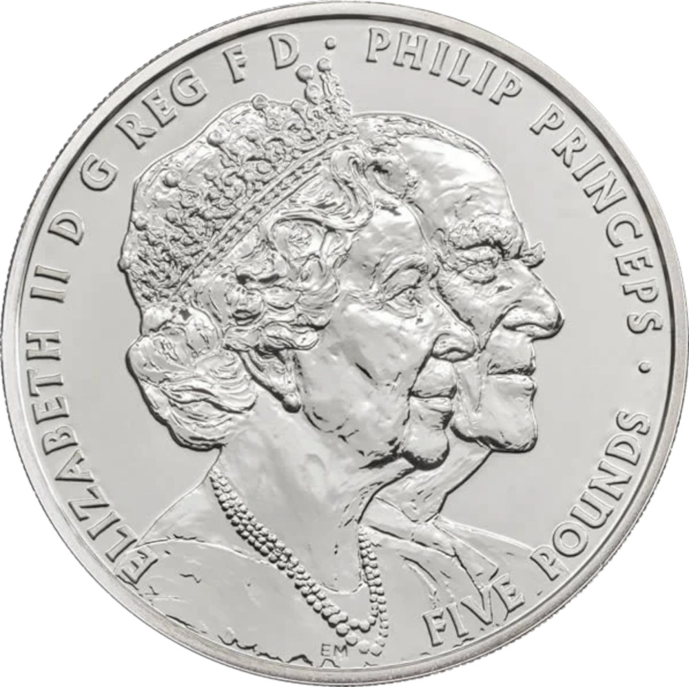 5 Pounds - Elizabeth II 5th portrait; Platinum Wedding obverse