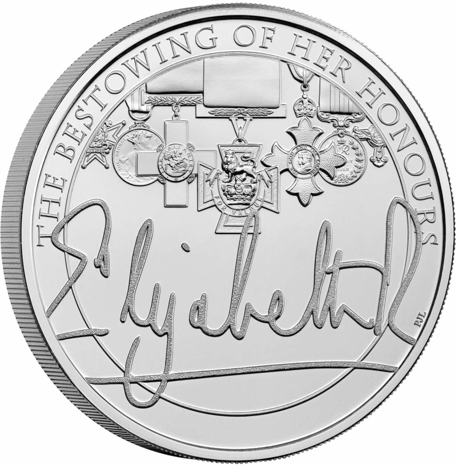 5 Pounds - Elizabeth II 5th portrait; The Queen's Reign, Bestowing Her Honours reverse