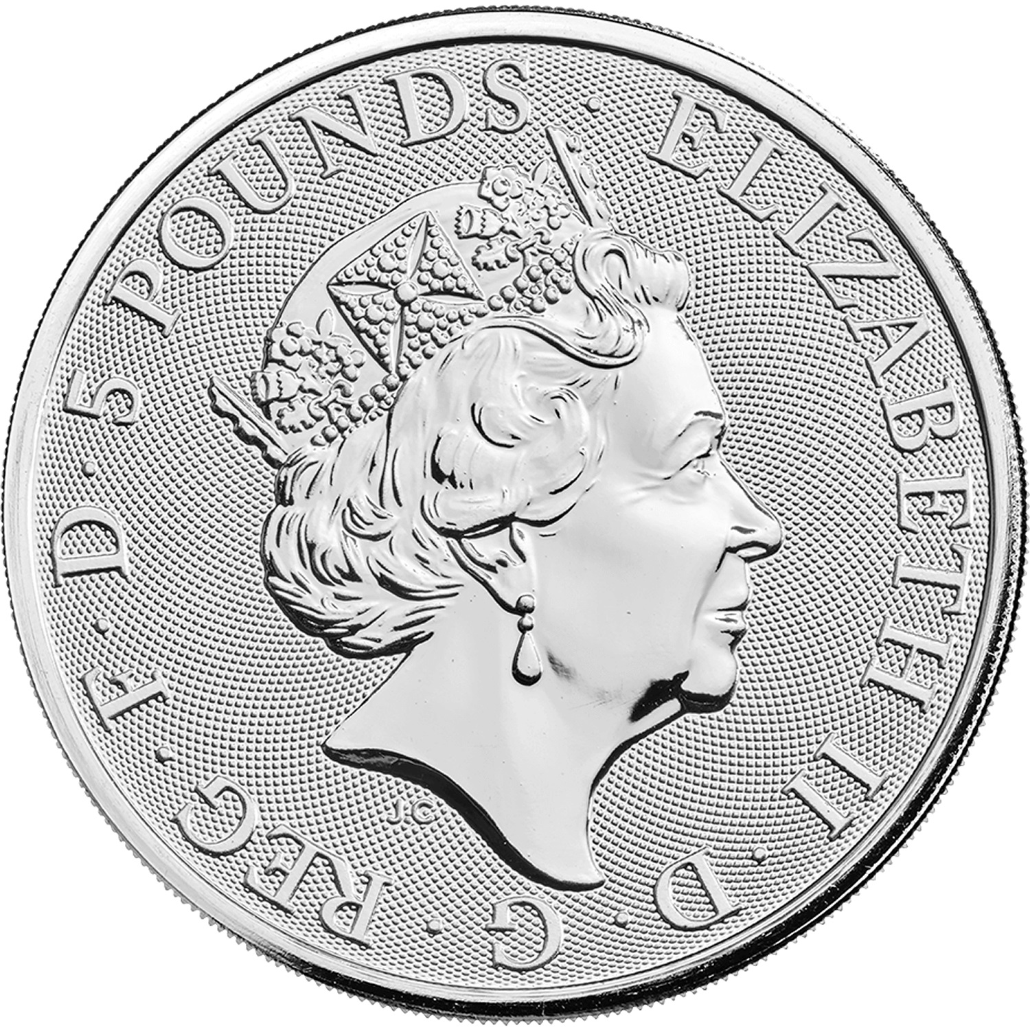 5 Pounds - Elizabeth II Black Bull of Clarence; 2 oz Fine Silver obverse