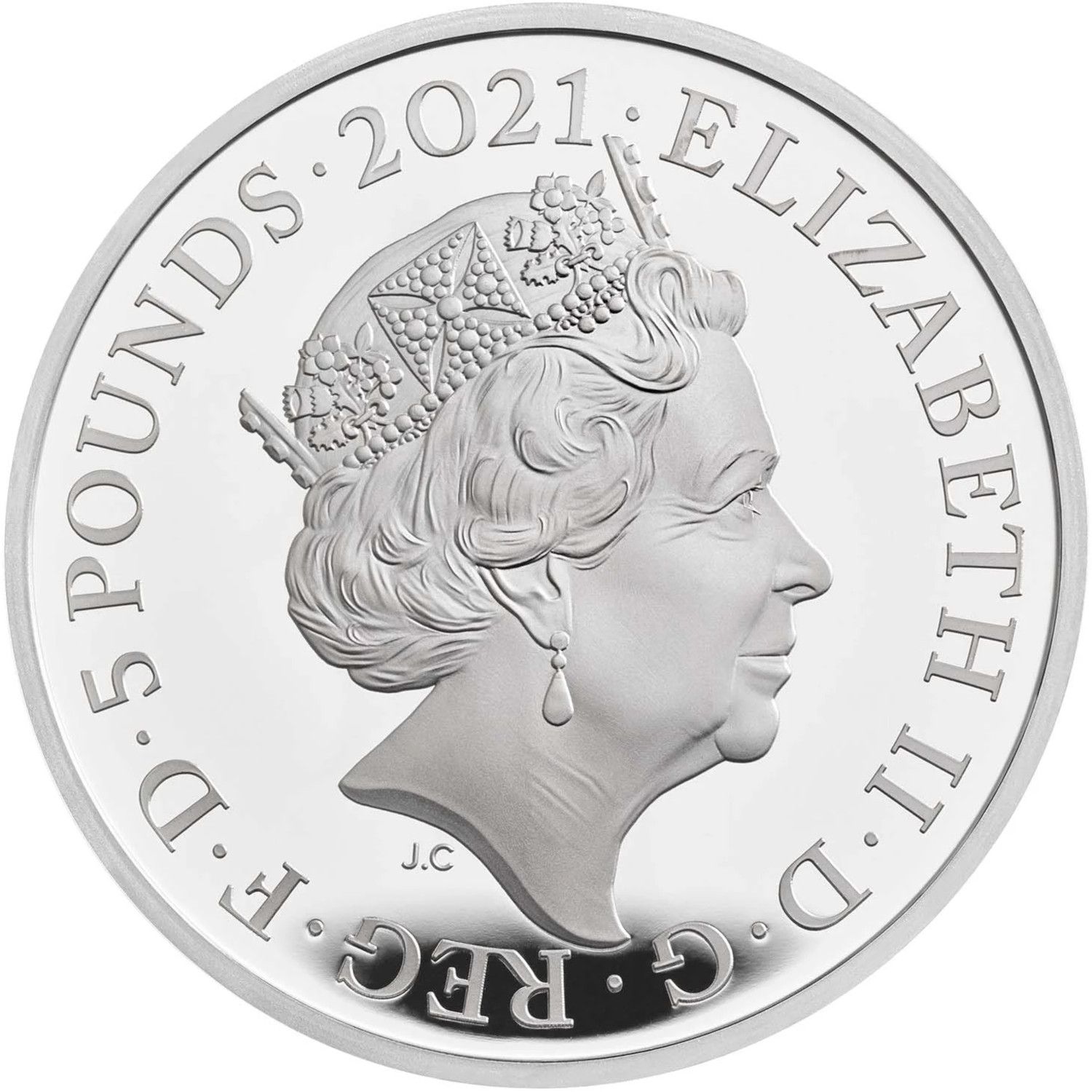 5 Pounds - Elizabeth II Gothic Crown Quartered Arms; Silver Proof obverse