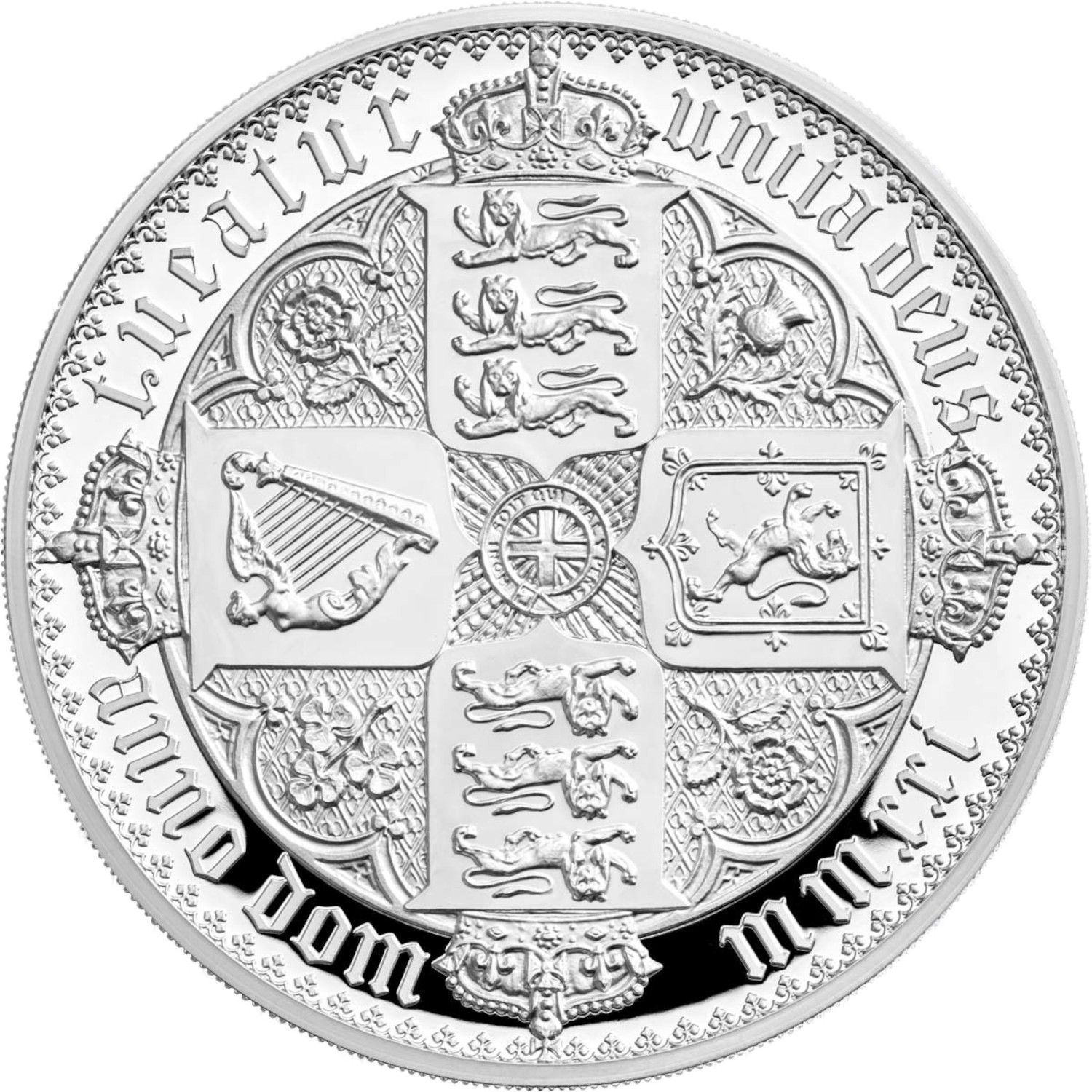 5 Pounds - Elizabeth II Gothic Crown Quartered Arms; Silver Proof reverse