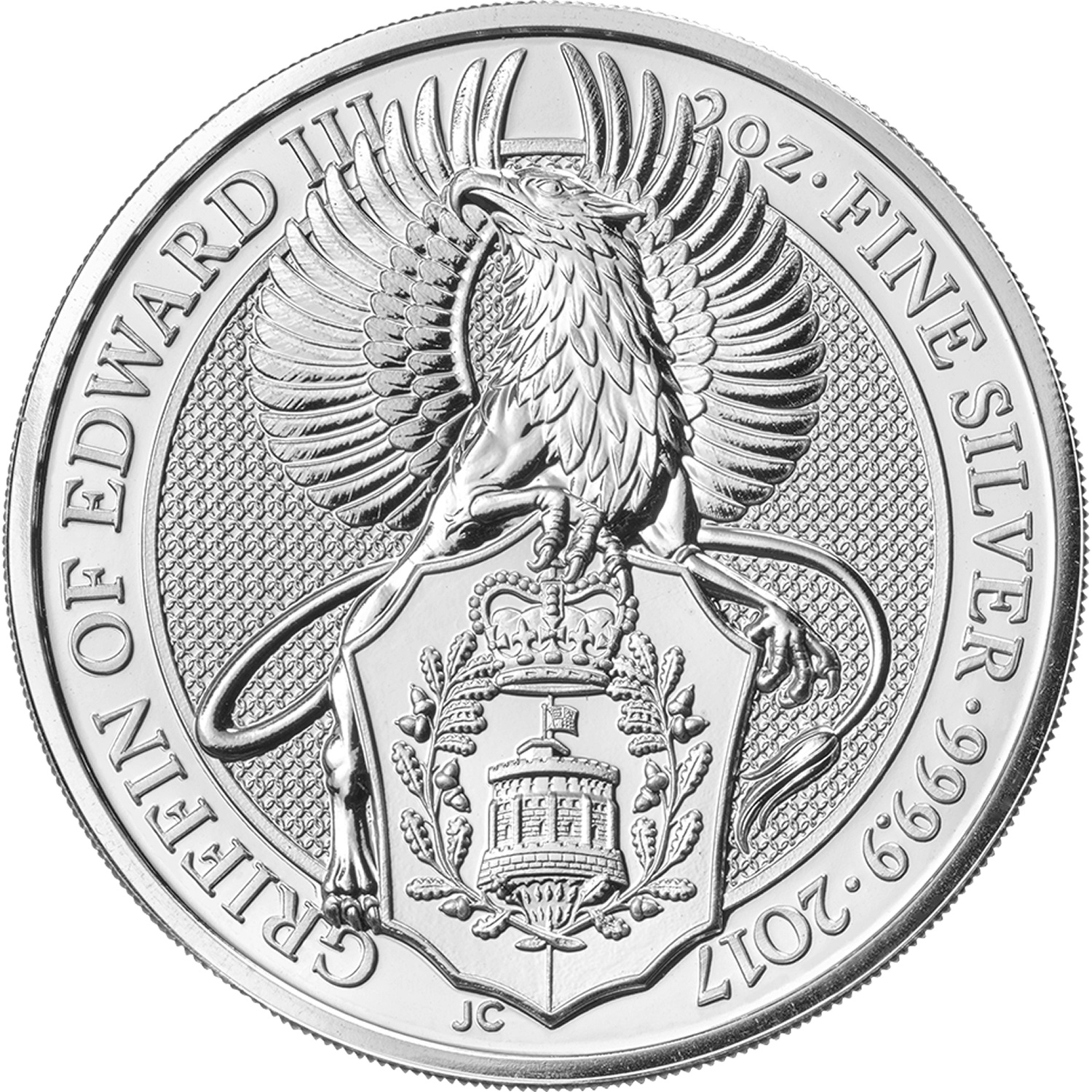 5 Pounds - Elizabeth II Griffin of Edward III; 2 oz Fine Silver reverse