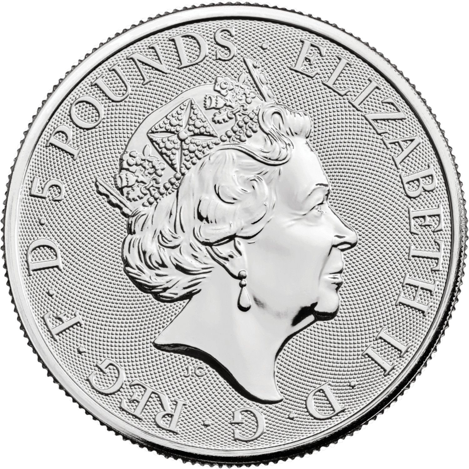 5 Pounds - Elizabeth II Lion of England; 2 oz Fine Silver obverse