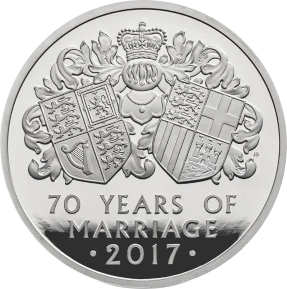5 Pounds - Elizabeth II Platinum Wedding; Platinum Piedfort reverse