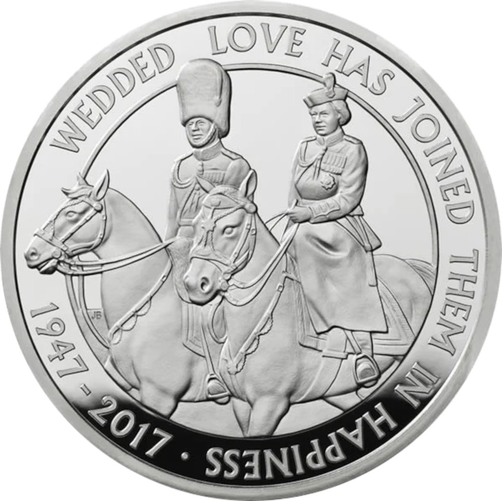 5 Pounds - Elizabeth II Platinum Wedding; Silver Proof reverse