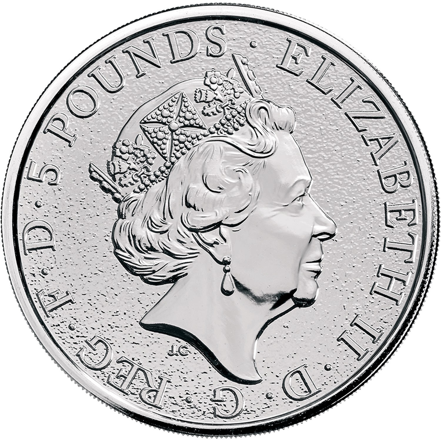 5 Pounds - Elizabeth II Red Dragon of Wales; 2 oz Fine Silver obverse