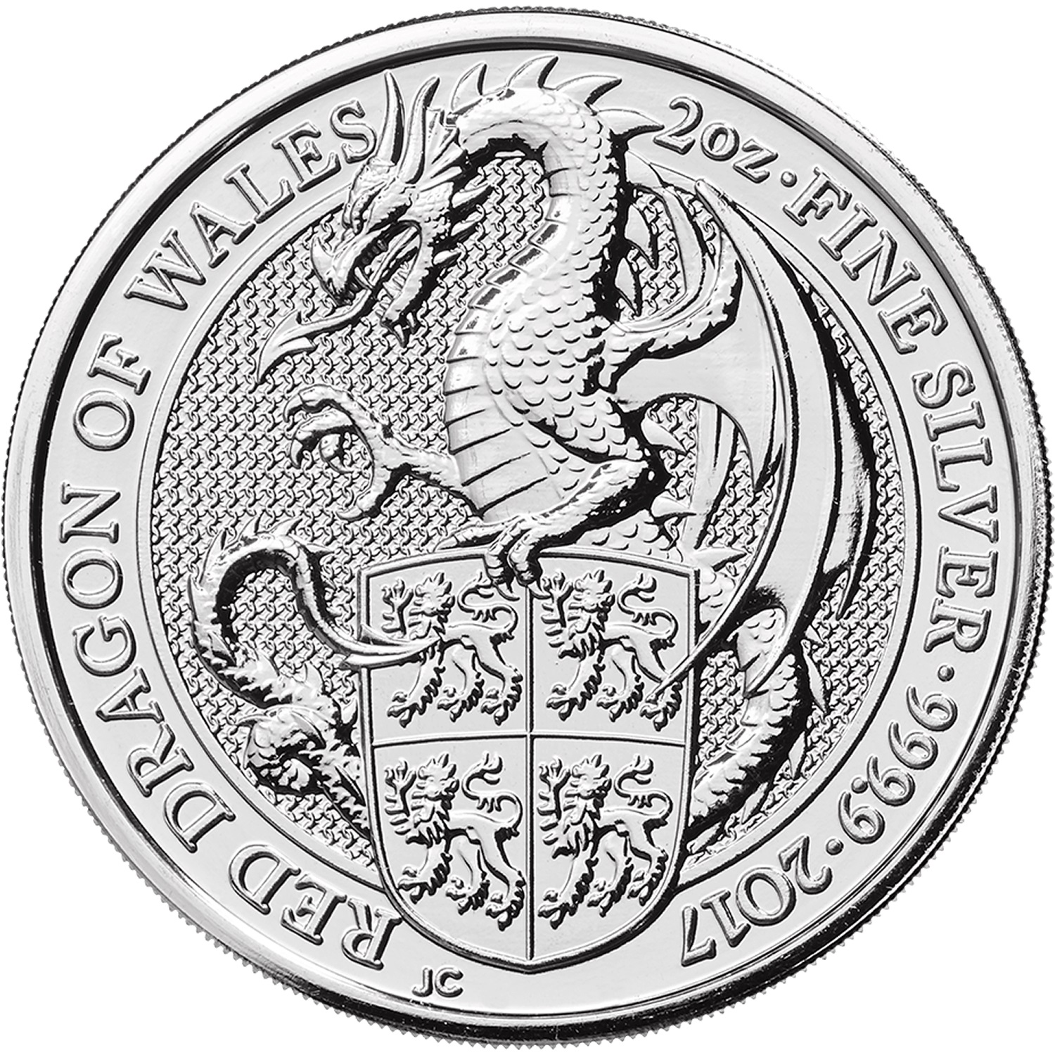 5 Pounds - Elizabeth II Red Dragon of Wales; 2 oz Fine Silver reverse