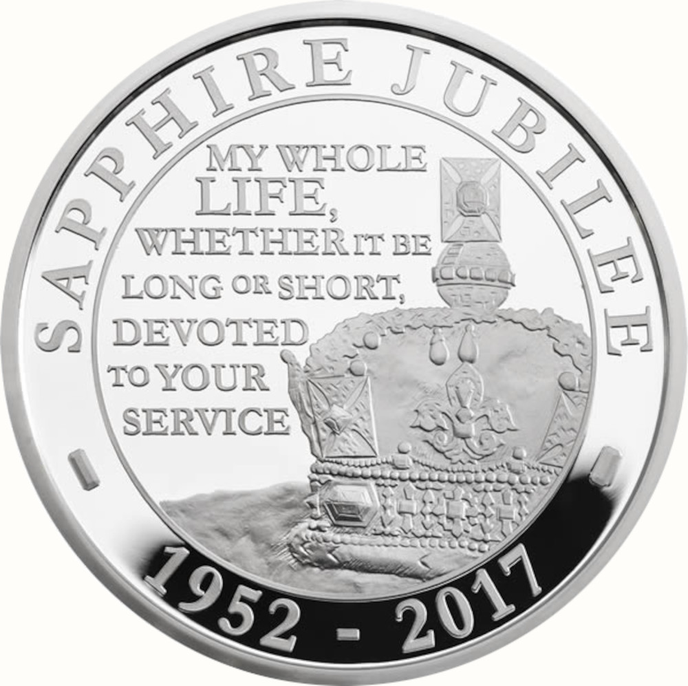 5 Pounds - Elizabeth II Sapphire Jubilee; Silver Piedfort reverse