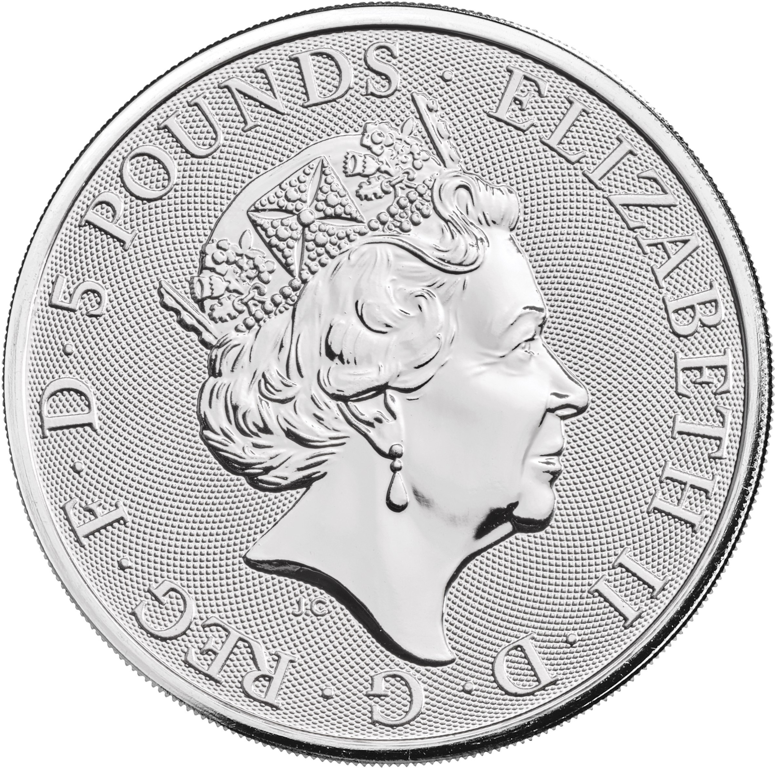 5 Pounds - Elizabeth II White Greyhound of Richmond; 2 oz Fine Silver obverse