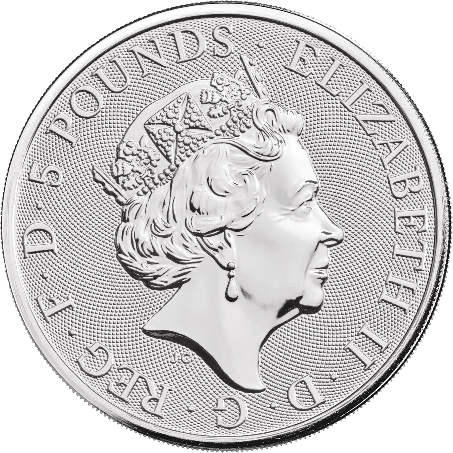 5 Pounds - Elizabeth II White Lion of Mortimer; 2 oz Fine Silver obverse