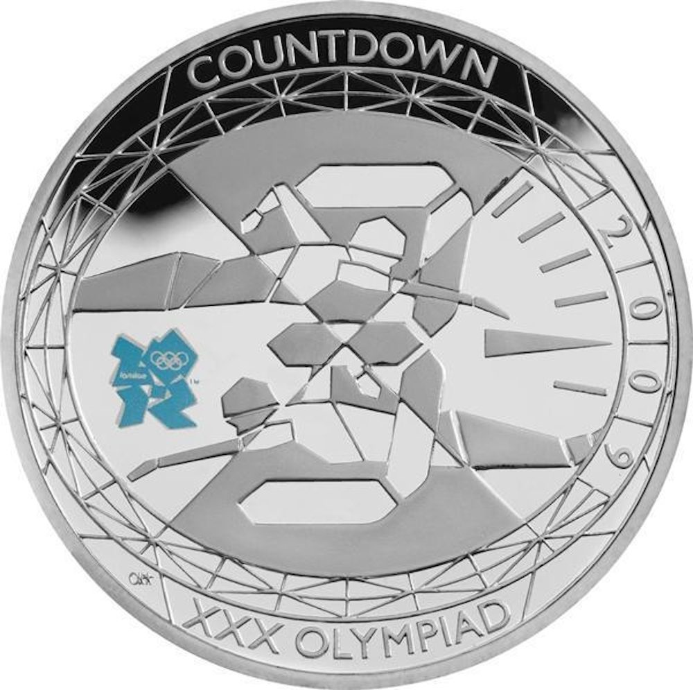 5 Pounds - Elizabeth II XXX Olympiad, Countdown 3; Silver Proof reverse