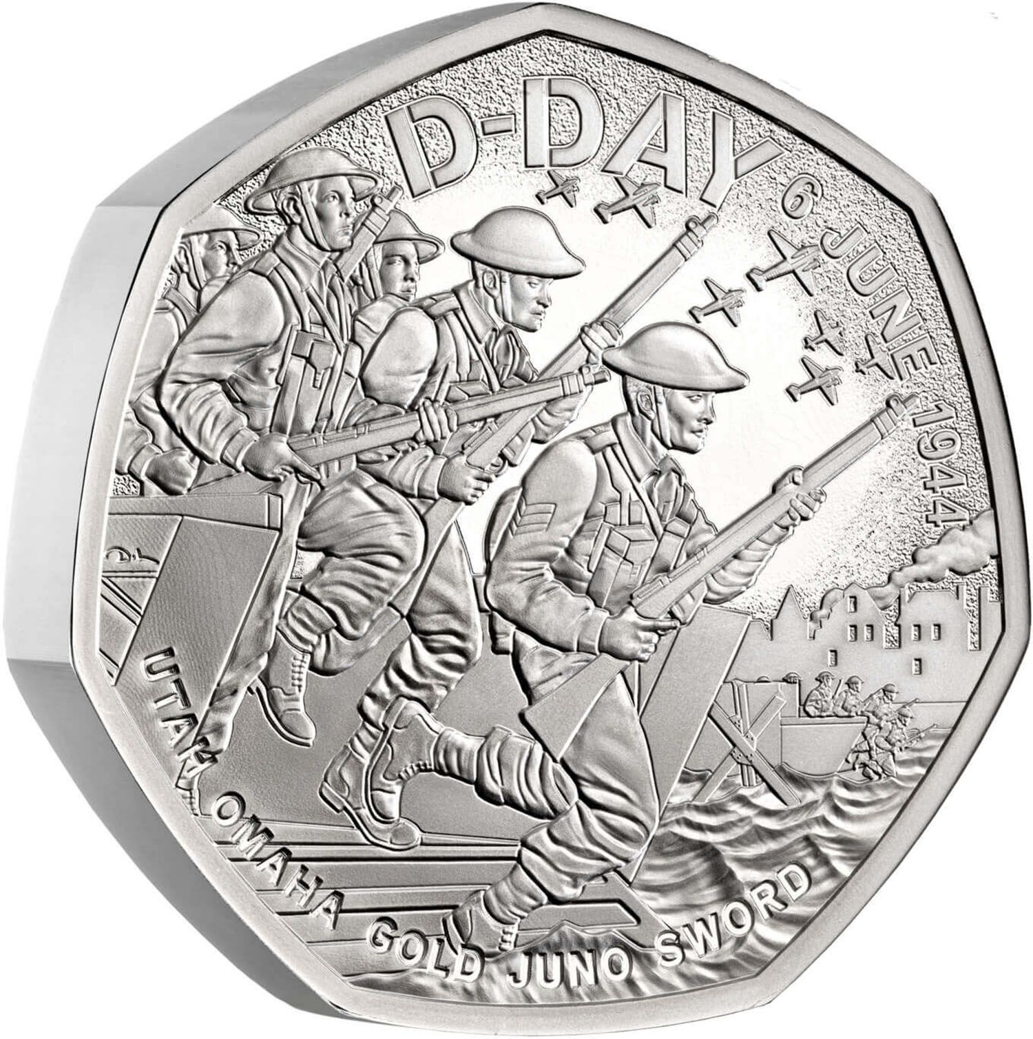 50 Pence - Charles III D-Day Anniversary; Silver Piedfort reverse