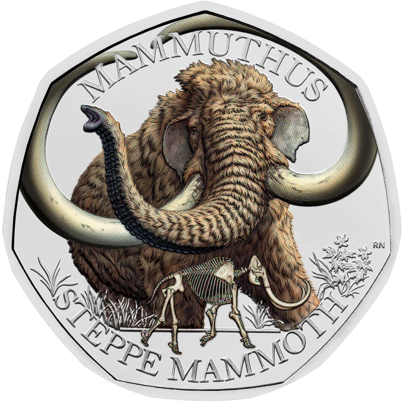 50 Pence - Charles III Steppe Mammoth; colourised reverse