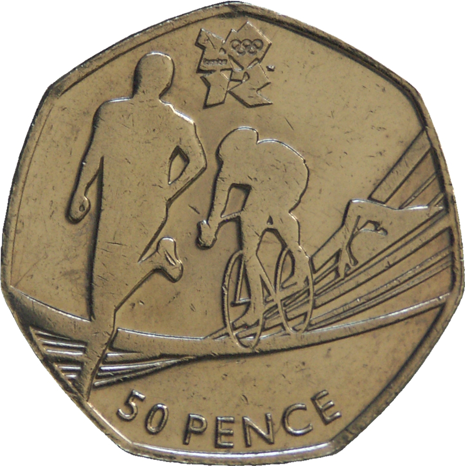 50 Pence - Elizabeth II 4th portrait; Triathlon reverse
