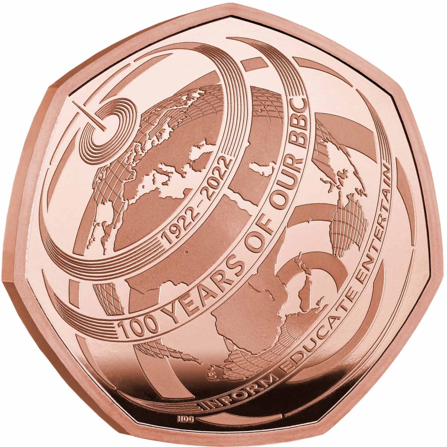 50 Pence - Elizabeth II BBC Centenary; Gold Proof reverse