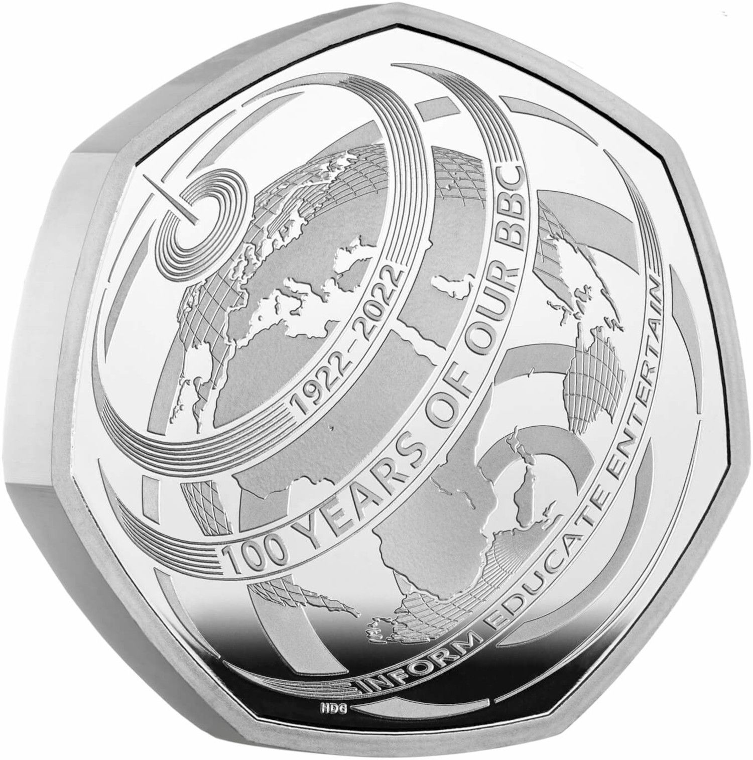 50 Pence - Elizabeth II BBC Centenary; Silver Piedfort reverse
