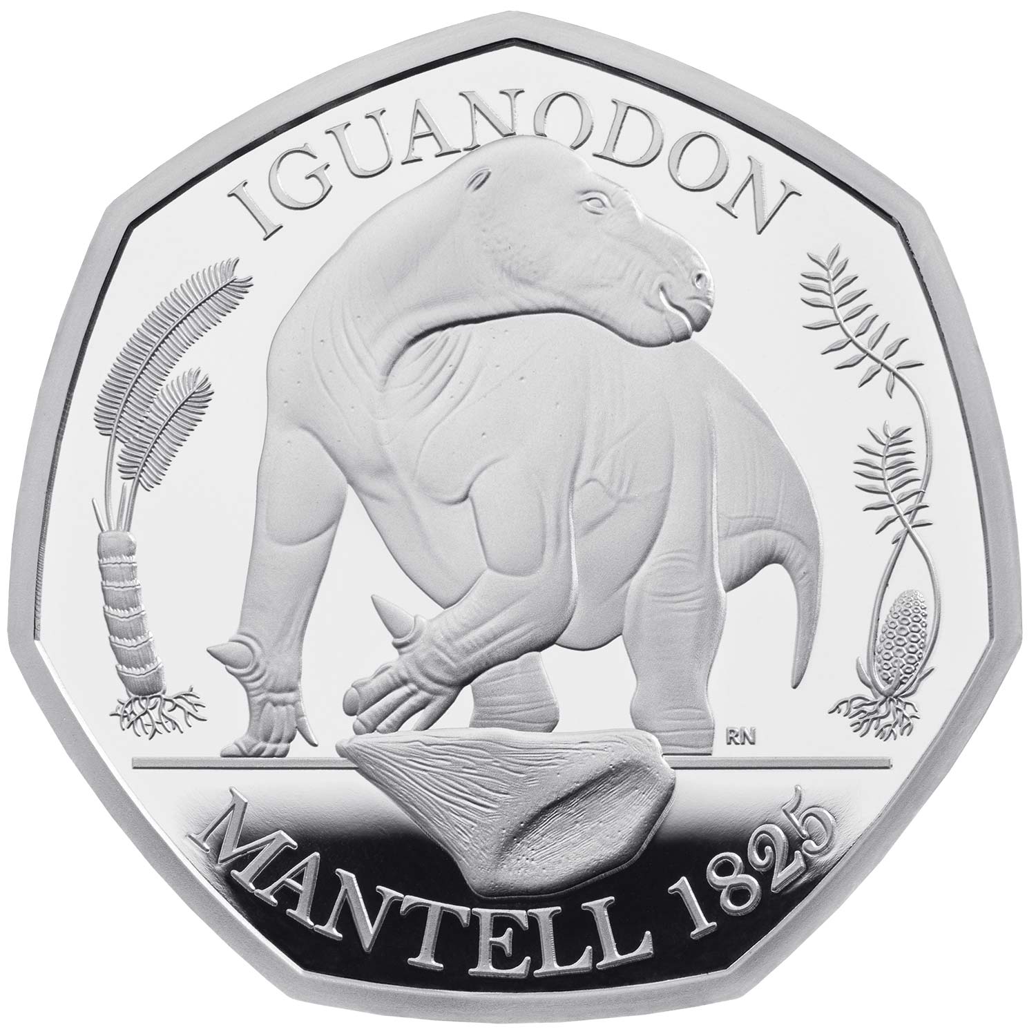 50 Pence - Elizabeth II Iguanodon; Silver Proof reverse