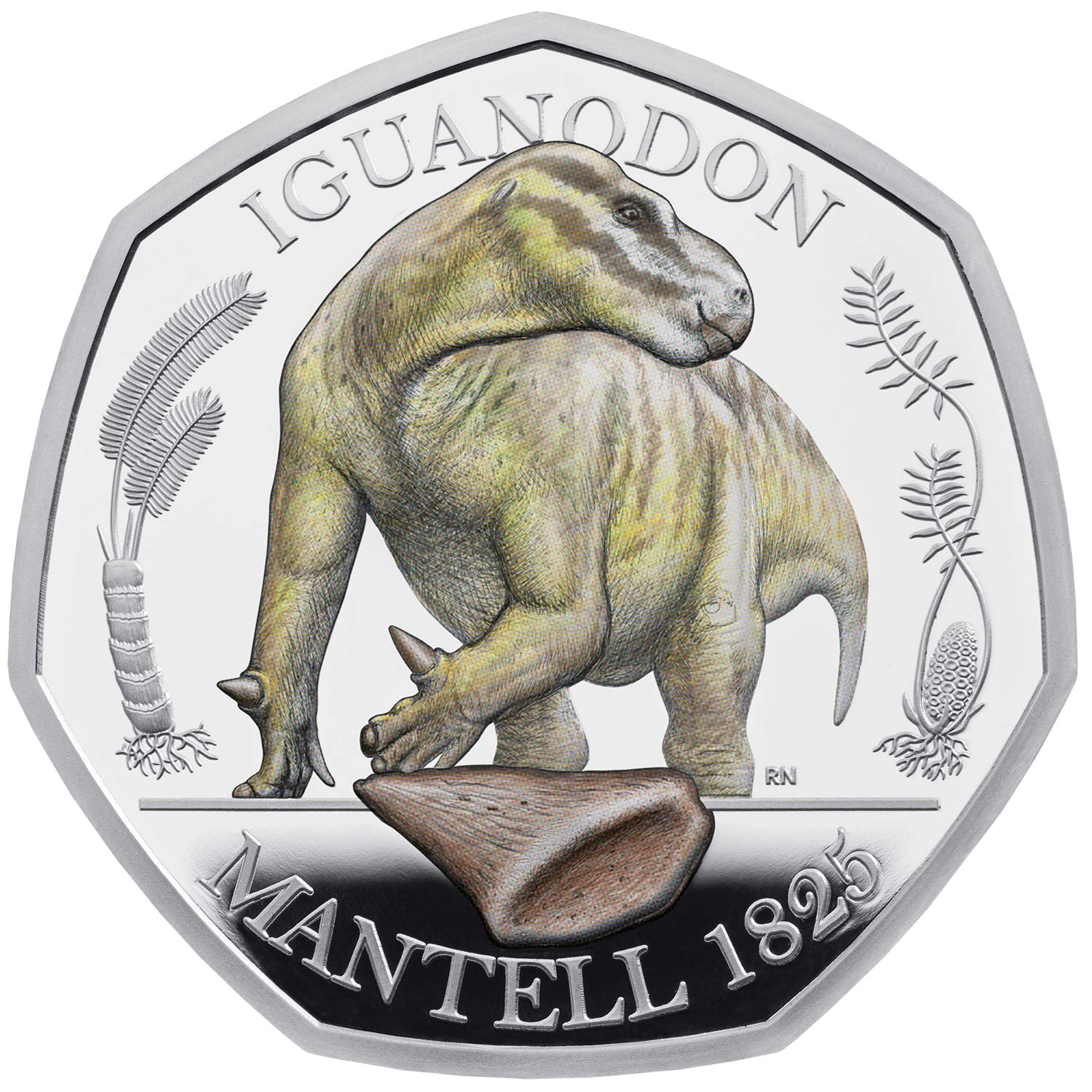 50 Pence - Elizabeth II Iguanodon; Silver Proof reverse