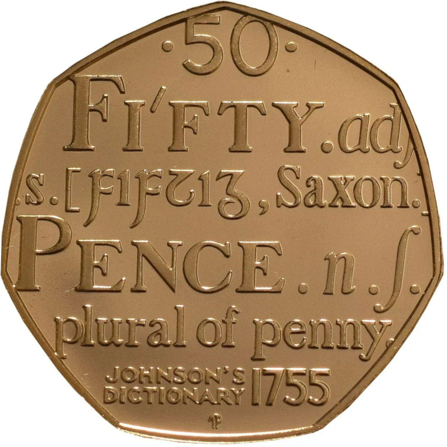 50 Pence - Elizabeth II Johnson's Dictionary; Gold Piedfort reverse