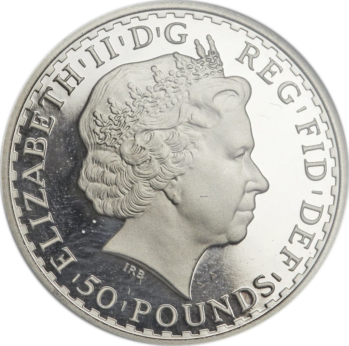 50 Pounds - Elizabeth II 4th portrait; 1/2 oz Fine Platinum obverse