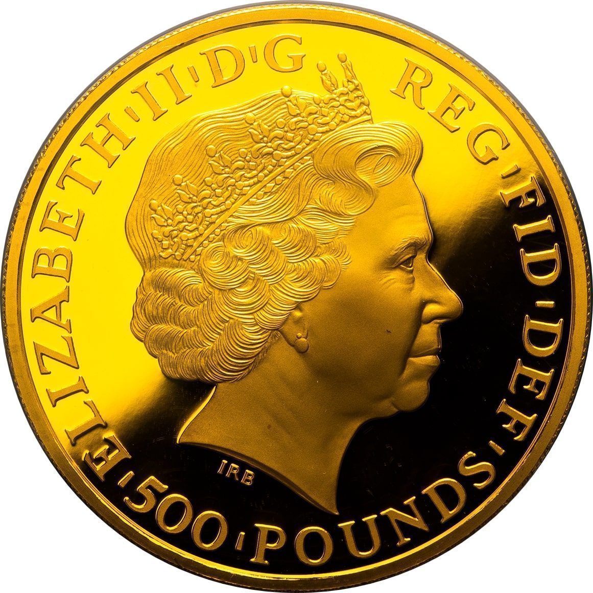 500 Pounds - Elizabeth II 4th portrait; 5 oz Fine Gold obverse