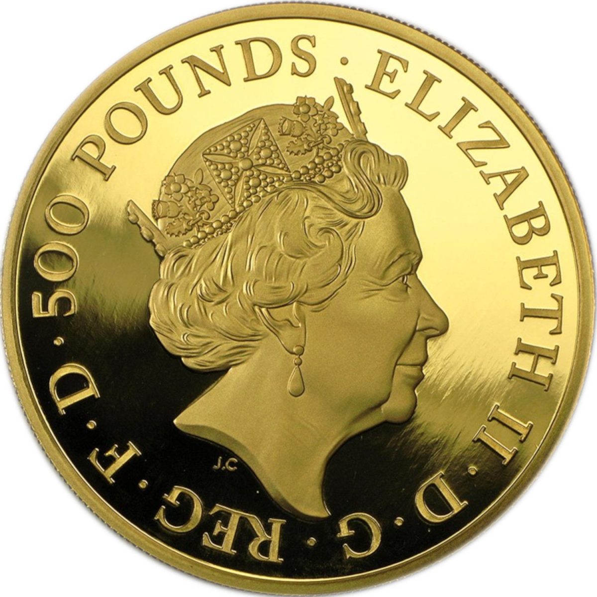 500 Pounds - Elizabeth II 5th portrait; 5 oz Fine Gold obverse