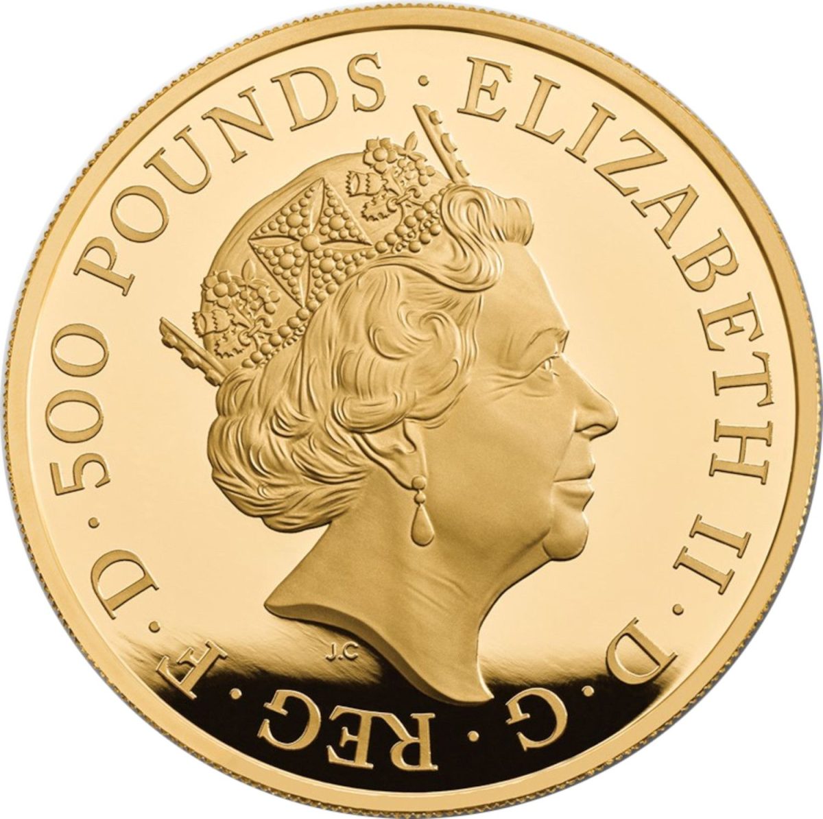 500 Pounds - Elizabeth II 5th portrait; 5 oz Fine Gold obverse