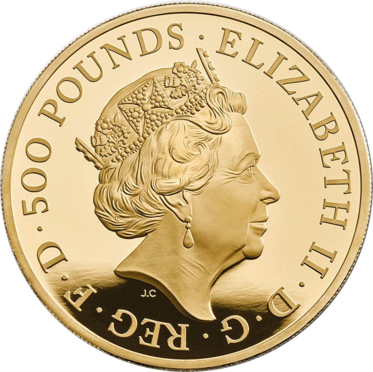 500 Pounds - Elizabeth II 5th portrait; 5 oz Fine Gold obverse