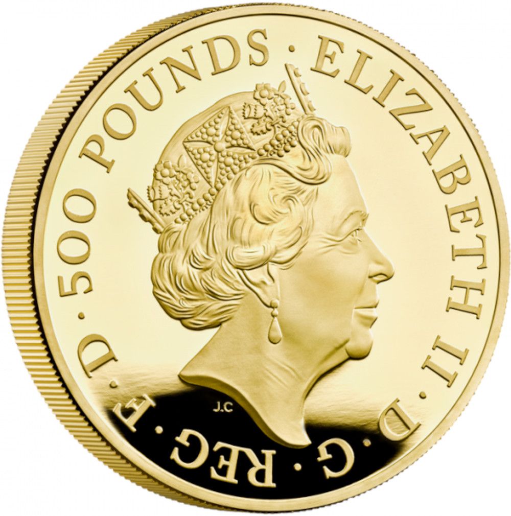 500 Pounds - Elizabeth II 5th portrait; 5 oz Fine Gold obverse