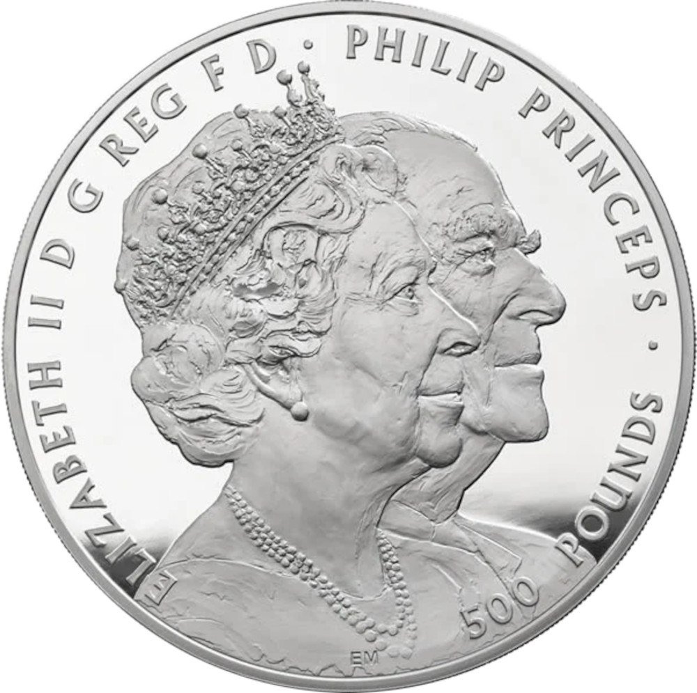 500 Pounds - Elizabeth II Platinum Wedding; Silver Proof obverse