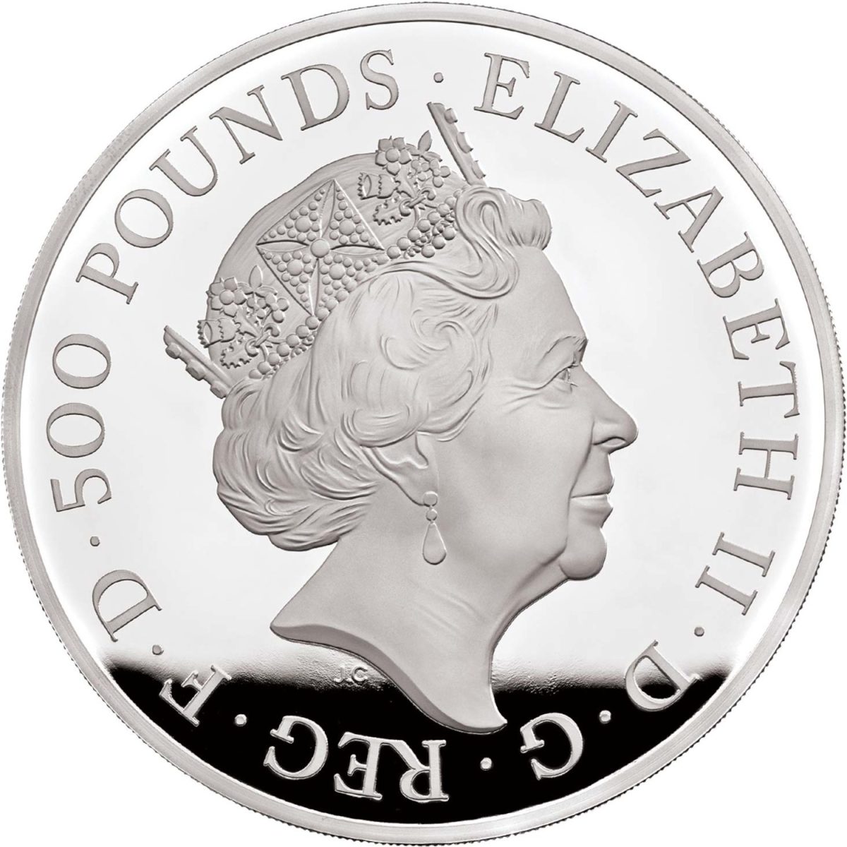 500 Pounds - Elizabeth II White Lion of Mortimer; Silver Proof obverse