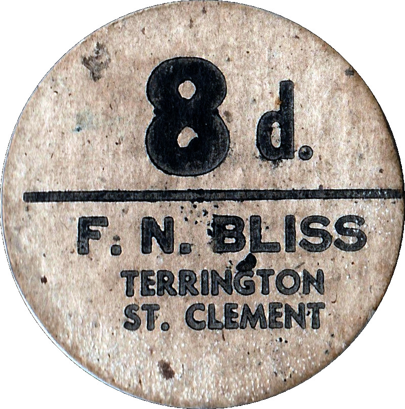 8 Pence - F.N. Bliss Farm Terrington, St. Clement; pickers token reverse