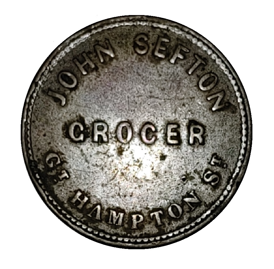 Farthing Token - Victoria John Sefton; Grocer, Birmingham Warwickshire reverse