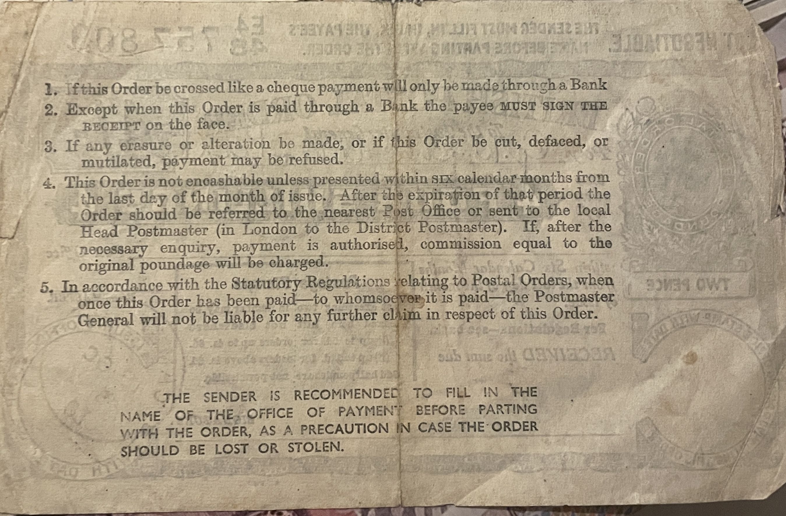 Four Shillings Postal Order reverse