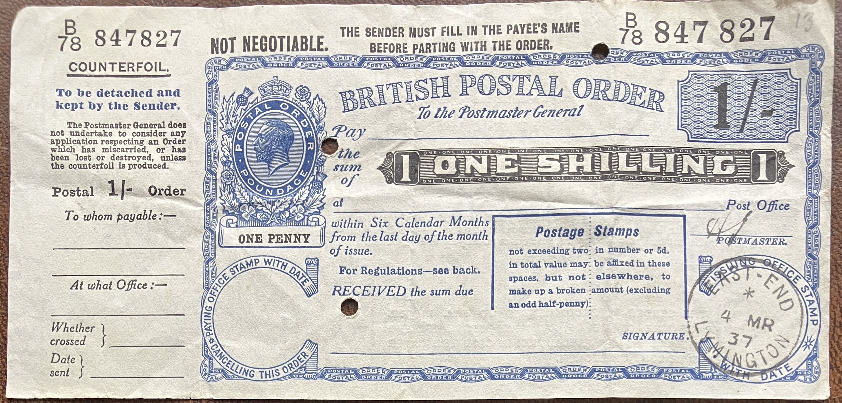 One Shilling Postal Order obverse