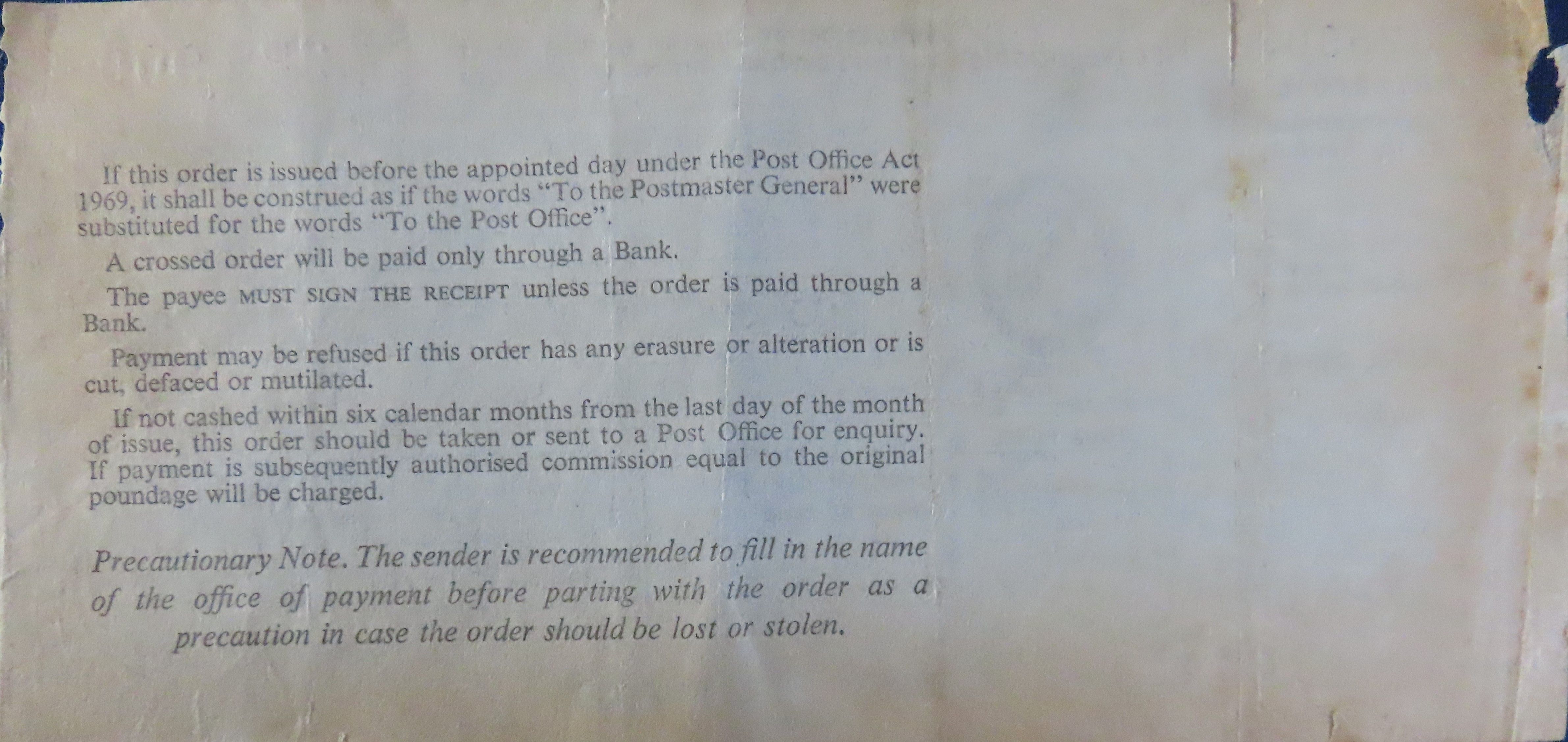 Postal Order - One Shilling Six Pence reverse