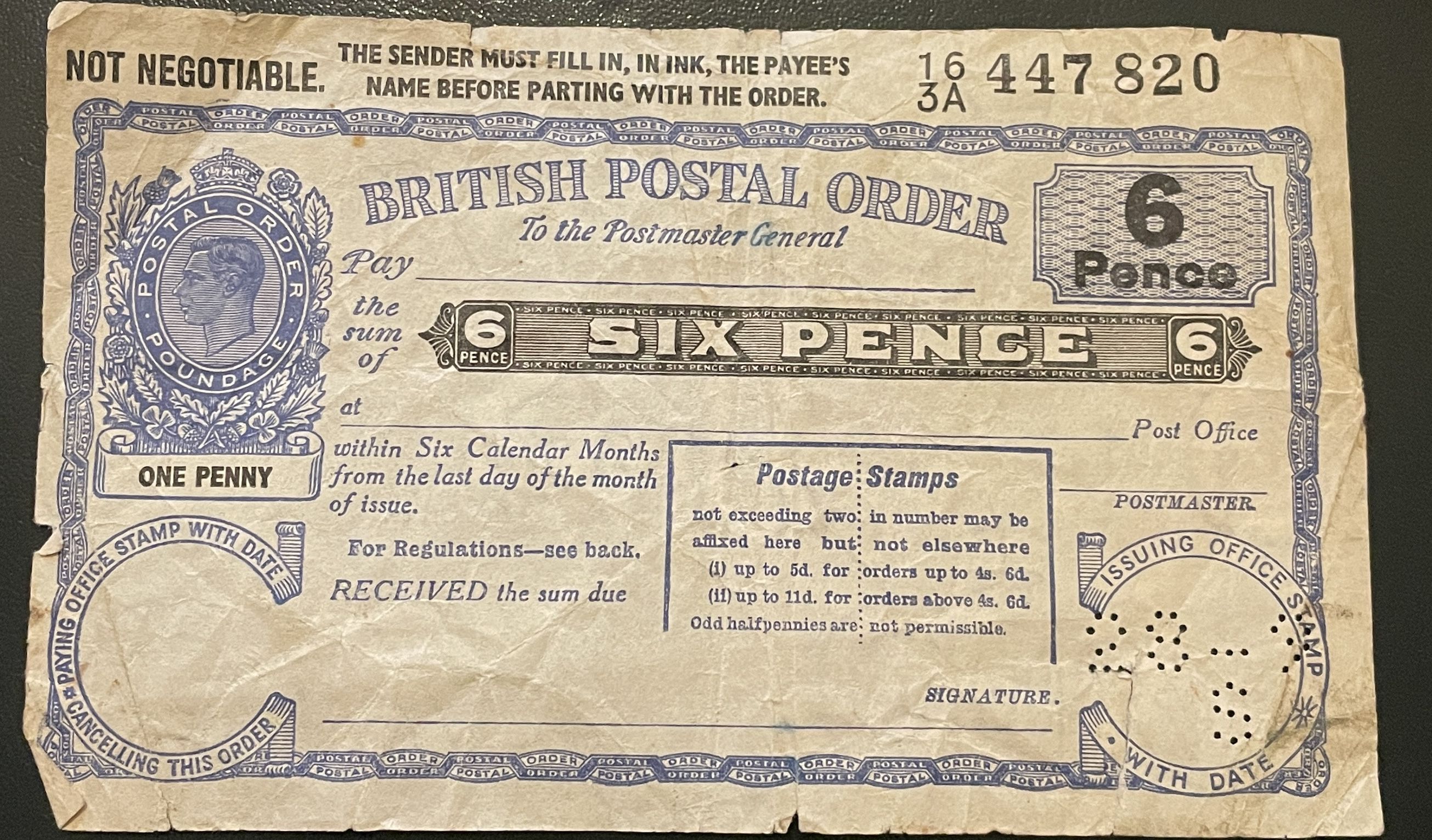 Six Pence Postal Order obverse